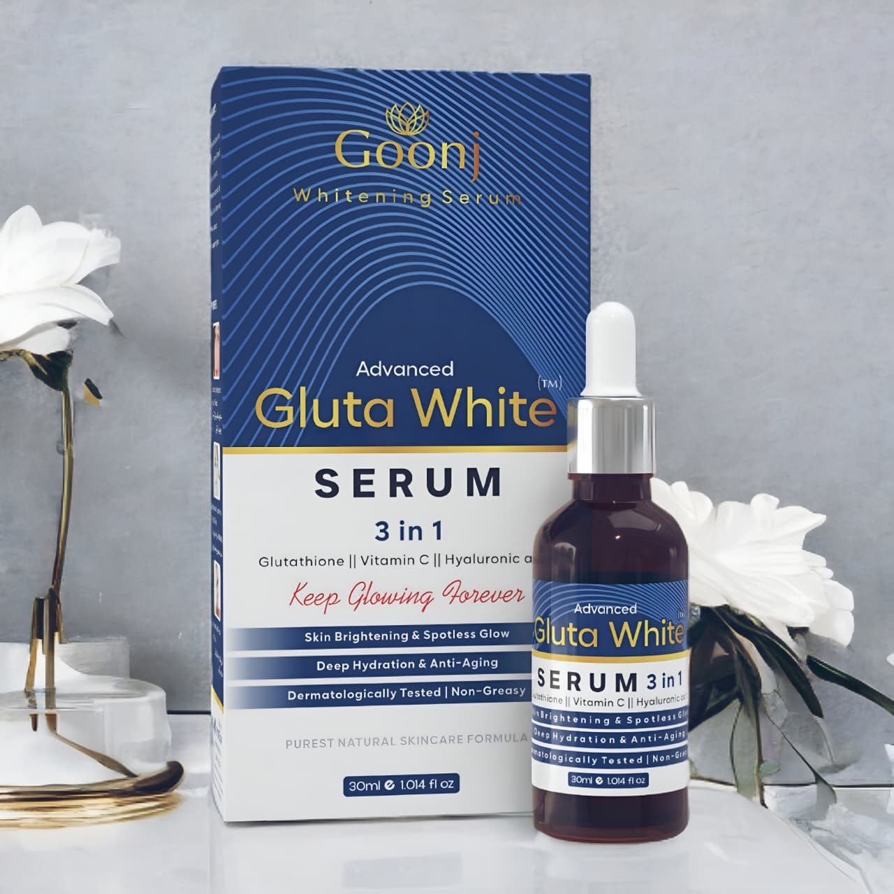 Goonj Gluta White 3-in-1 Serum - Verde Glow Goonj Advanced Gluta White 3 in 1 Serum with Glutathione Vitamin C and Hyaluronic Acid for spotless glow